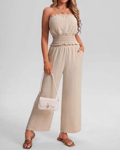 IEEILULU Women 2 Piece Sets Summer Strapless Tube Tops and Wide Leg Pants Set Ruffle Beach Vacation Outfits (Beige, XL) - image 4