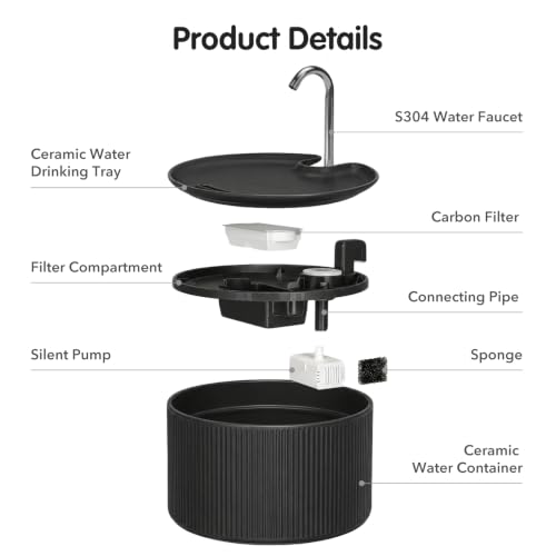 Image of 2.2L Ceramic Pet Fountain -Porcelain Pet Water Fountain & Little Dog Drinking Bowl- Automatic Cat Water Dispenser (Black)