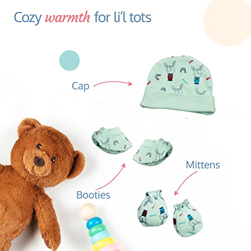 Image of LuvLap Newborn Baby Gift Set of 13, 2 Half Sleeve Jhabla, 2 Rompers, 2 Pyjama, Cap, Mittens, Socks, a washcloth, a Hooded Wrapper, 2 Bibs, Soft Skin Friendly Baby Clothes Set 0-3 Months, Sea Green
