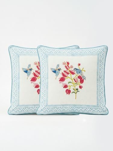 Image of Bougainvillea Hand Block Print 100% Cotton Fabric Cushion Covers 16 x 16 Inches | Decorative Throw Pillow Covers for Sofa, Bed & Living Room | Soft & Durable Jaipuri Cushion Cover | Set of 2