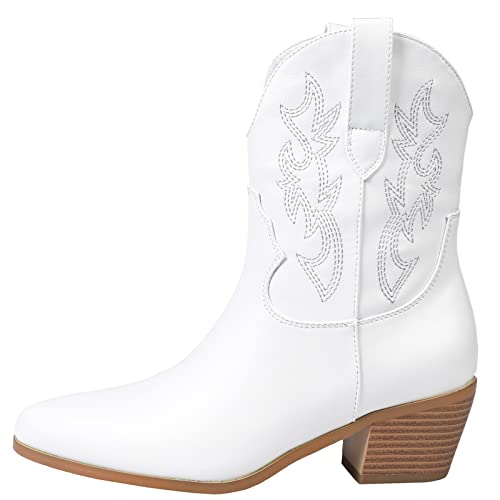 Stalov White Cowgirl Boots Stitched Ankle Boots For Women, Pointed Toe Low Chunky Heel Embroidered Western Cowboy Boots #TOP1