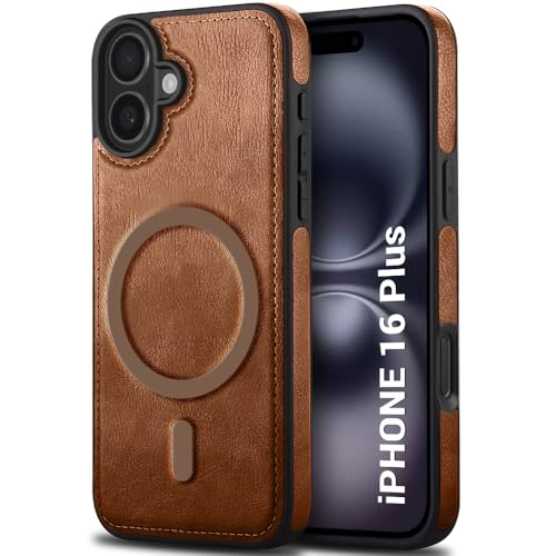 Image of TheGiftKart Genuine Leather Finish Back Cover Case for iPhone 16 Plus | Shockproof Design | Raised Edges for Camera & Screen Protection | Stunning Minimalist Design Case (MagSafe Compatible, Brown)