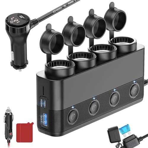Cigarette Lighter Splitter Car Charger, 300W 4 Socket Car Plug in Outlet 12V Adapter with Dual PD 36W and QC3.0 USB C Multi Port & Independent Switch & Dust Cover & Voltmeter for All Car Devices