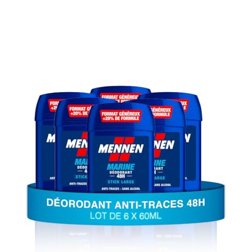 MENNEN - MARINE Deodorant Homme 24H - Stick Large - Sans Alcool - Anti-Traces - 60 ml - Lot de 6