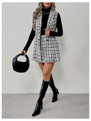 Floerns Women\'s 2 Piece Outfit Workwear Plaid Print Lapel Neck Vest Blazer and Skirt Set Dark Black X-Large