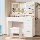 LIVELYGLOW Makeup Vanity Desk with Smart LED Mirror & Charging Station, 35.4' White Vanity Table Set with Cushioned Stool, 4 Drawers & Hairdryer Rack, Modern Bedroom Dressing Table-White