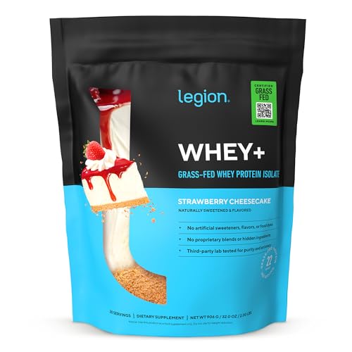 LEGION Whey+ Protein Whey Isolate from Grass Fed Cows - Whey Protein Isolate Low Calorie Non-GMO Sugar Free Lactose and Gluten Free All Natural Protein Powder 30 Servings (Strawberry Cheesecake)