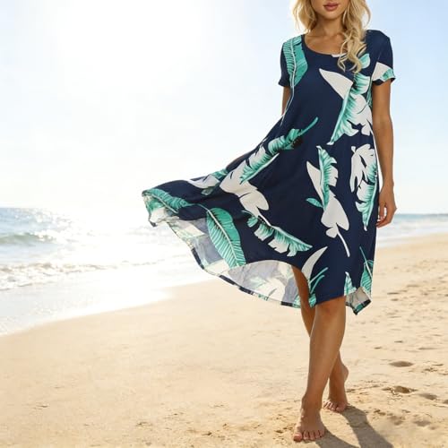 Image of Women Casual Loose Soft Crewneck Short Sleeve Pockets Swing T-Shirt Dress