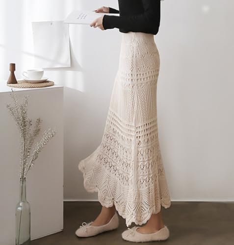 Women's Hollow Skirt Slim Fit Knitted Elastic High Waist Lace Floral Plus Size Medium Length Fishtail Skirts2