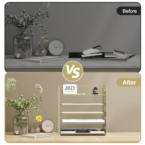 Image of Supeasy 5 Trays Paper Organizer Letter Tray with Handle-Mesh Desk File Organizer,Pink Paper Sorter Desk Organizer for Office, Home or School (Gold Yellow)