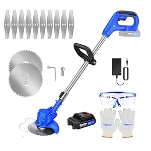 21V Coupe Bordure sans Fil avec Batterie, Coupe-Herbe électrique,Débroussailleuse à Gazon sans balais,Tête Orientable à 90°, Hauteur Réglable(1xbatterie /Bleu)