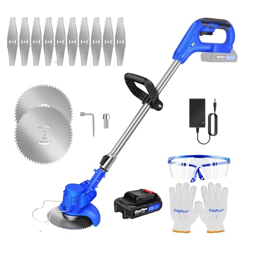 21V Coupe Bordure sans Fil avec Batterie, Coupe-Herbe électrique,Débroussailleuse à Gazon sans balais,Tête Orientable à 90°, Hauteur Réglable(1xbatterie /Bleu)