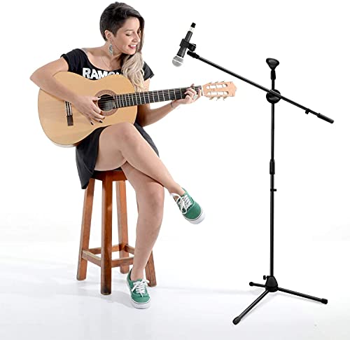 Image of Amazon Brand - Solimo Mic Stand with Boom Arm & Stable Tripod Base Professional mic stand | Universal Clip Holder | Ideal for Podcasting, Singing, Studio & Stage Performance