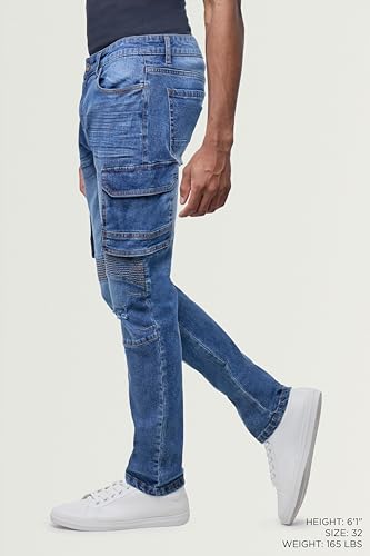 RAW X Men's Stretch Ripped Cargo Pocket Jeans, Slim Fit Motor Biker Comfort Denim Jean Pants for Men3
