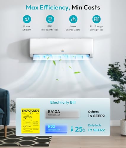 Image of Rellytech 11500 BTU Mini Split AC /Heating System 17 SEER2 Ductless Inverter | Pre-Charged, Ultra Quiet 29dB, Cools Up to 550 Sq.Ft, 110 /115V, ETL & AHRI Certified, Works to -5F