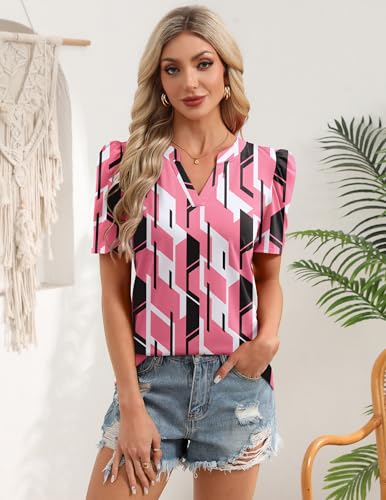 Image of Zeagoo Women Blouses Puff Short Sleeve Tops V Neck Dressy Casual Spring Shirts Boho Floral Cute Clothes 2026
