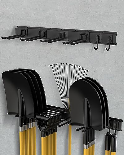 WellMall 8-Piece Garden Tool Organizer - 32 Inches Garage Tool Organizer Wall Mount with 6 Adjustable Hooks, Rake & Shovel Rack, Heavy Duty Yard Tool Organizer for Garage, Holds up to 200 LBS