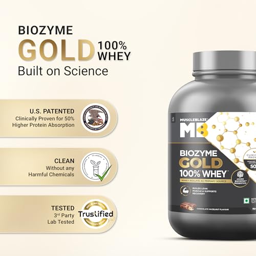 Image of MuscleBlaze Biozyme Gold 100% Whey Protein Powder, 2kg (4.4 lbs) | Chocolate Hazelnut | 26g Protein Per Scoop with Whey Isolate as the Primary Protein Source