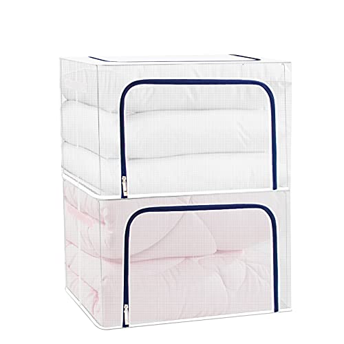 Durchsichtige Stapelbare Faltbare Aufbewahrungsbox Kleidung - 2x66L Mit Metallrahmen, große Aufbewahrungstasche für Bettdecken und Kissen, verstärkteren Griffe, Stahl Reißverschluss, Nylon Stoff, weiß Cover