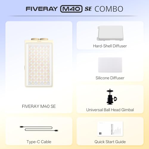 ZHIYUN FIVERAY M40 SE Combo Videoleuchte [Official] LED Videolicht, 17100 Lux, 2700–8500K, CRI ≈ 95, TLCI ≥ 97, 84 LEDs, 250g, Tragbares Video/Foto/Kamera/Streaming Licht für YouTube TikTok