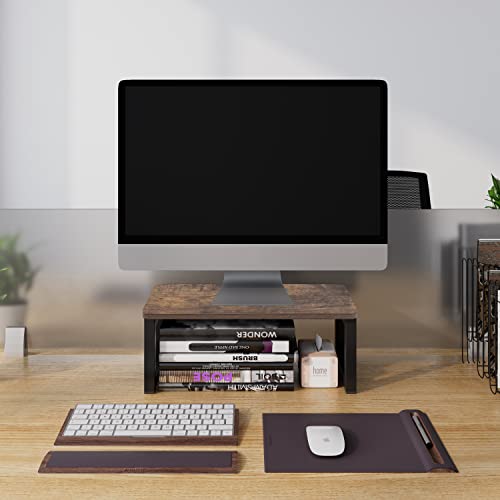 Join Iron Dark Brown Wood Computer Monitor Stand With Storage.laptop Computer Shelf.ergonomic Monitor Riser Desk Organizer.office Supplies,Printer,Imac,Pc,Fax Machine Shelving Rack #TOP3