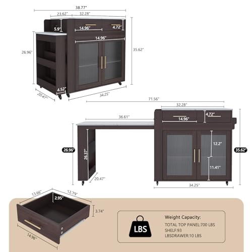 Image of HLR 72 inch Extendable Rolling Kitchen Island with Storage, Island Table on Wheels with Marble Grain Countertop & Power Outlet, Portable Island Cart with Cabinets, Drawers and Shelves, Brown