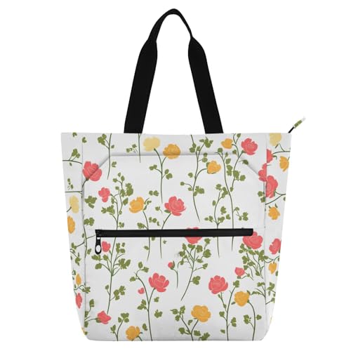 Little Rose Flower Floral Tote Bag for Book Lovers Reusable Bags with Zipper Pocket for School Work Shopping