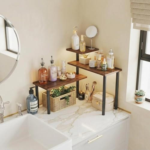 Image of Stylish Prime Wooden Rack for Kitchen Storage, Corner Shelf for Kitchen, Organizer Rack, 3 Tier Spice, Oil Stand, Tabletop Rack for Makeup, Office, Storage Multipurpose (Rustic Brown, 3 Tier)