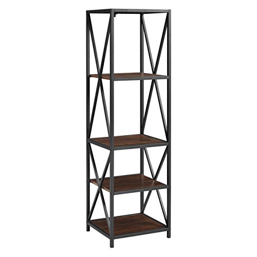 Walker Edison 4 Tier Open Shelf Metal Wood Tall Metal Bookcase Bookshelf Storage Home Office Storage Cabinet, 61 Inch, Dark Walnut