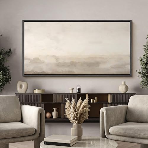 Image of MUDECOR Extra Large Framed Canvas Print Wall Art Soft Neutral Horizon Minimal Abstract Landscape Antique Ready to Hang Painting for Living Room Bedroom Multi-Sizes - 60 inchx30 inch