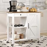 4 EVER WINNER Small Kitchen Island with Storage, Kitchen Island on Wheels with Wine Rack, Coffee Cart, Microwave Cart for Kitchen,Dining Room，White