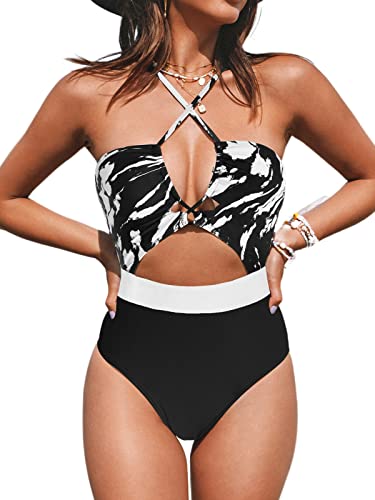 Cupshe Women One Piece Swimsuit Cutouts Criss Cross Drawstring Adjustable Straps Bathing Suit Abstract Print, M #TOP5