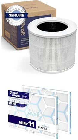 LEVOIT Core Mini-P Air Purifier Replacement Filter, 3-in-1, 1 Pack, White + LEVOIT 16x25x1 AC Furnace Air Filter, MERV 11, 6-Month Pleated 1-Inch Electrostatic Air Cleaning Filter, 2 Pack