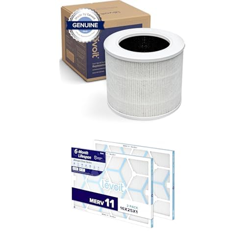 LEVOIT Core Mini-P Air Purifier Replacement Filter, 3-in-1, 1 Pack, White + LEVOIT 16x25x1 AC Furnace Air Filter, MERV 11, 6-Month Pleated 1-Inch Electrostatic Air Cleaning Filter, 2 Pack