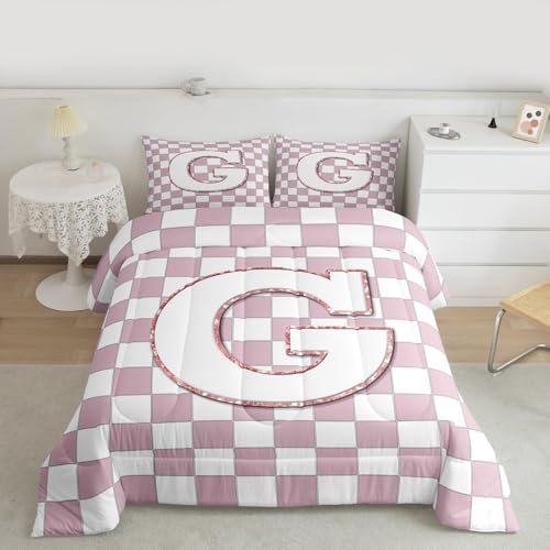 Image of Erosebridal Pink Initial G Kids Comforter Sets Kawaii Plaid Checkered King Bedding Set for Girls Teen Women Cute Personalized Monogram Comforter Set,Fashion Grids Gingham Quilt Duvet 3 Pcs