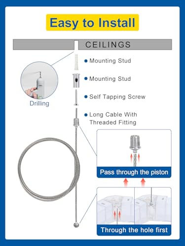 Kofuyni 10-Pack 4FT/1.2m Hexagon Garage Lights Premium Suspension Cables Kit, Hexagon Led Lights Adjustable Stainless Steel Hanging Chains, Load 6.6 LB, Hexagon Lights Connectors Wire Rope Cable - Thumbnail 6