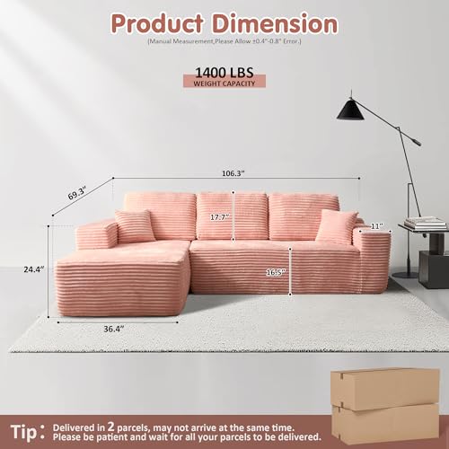 ovios 104" Cloud Sectional Couch with L-Shape Chaise,Modern Modular Sofa with Deep Seat, Upholstered Couches for Living Room Bedroom,No Assembly Required, Pink (Plush Corduroy Fabric)
