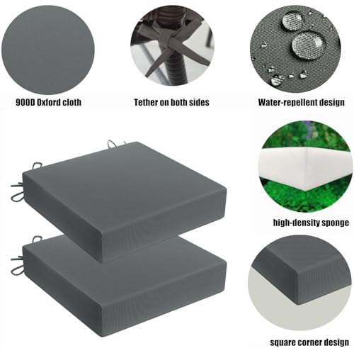 مجموعة وسائد لكرسي الفناء مقاس 17 × 17 من لفنون مكونة من 4 قطع، وسائد مقعد مربعة الشكل محشوة بالاسفنج عالي الكثافة، مقاومة للماء والبهتان، مع اربطة وسحاب، للاثاث الخارجي، رمادي