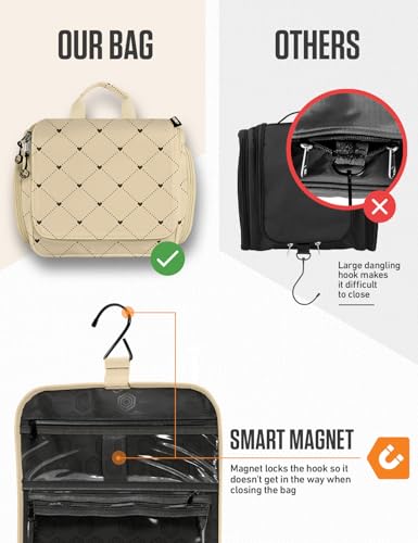 Image of VENTURE 4TH Hanging Travel Toiletry Bag, 17 Compartments - Beige Diamonds | Hangs on rails, hooks or doors; stands upright too. Removable TSA pouch. Water-resistant 900D Nylon, reinforced stitching.
