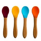 BEST Baby Feeding Spoons - 4 Color Pack - BPA Free Silicone Spoon with Natural Bamboo Handle - 5 Star Rated - Perfect Babyshower Gift