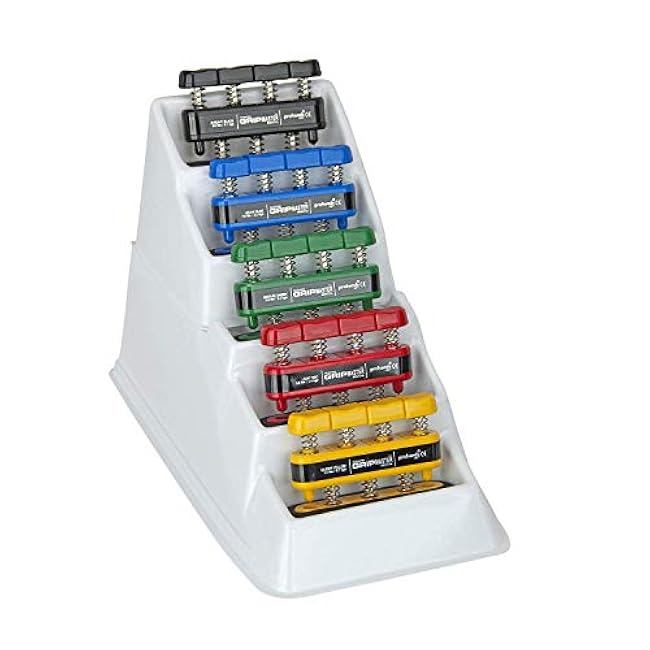 Gripmaster Rehab Hand Exerciser, Finger Exerciser (Hand Grip Strengthener), Spring-Loaded, Finger-Piston System, Added Palm Cushion, (Set of 5 in a Display) (Yellow, Red, Green, Blue, Black)