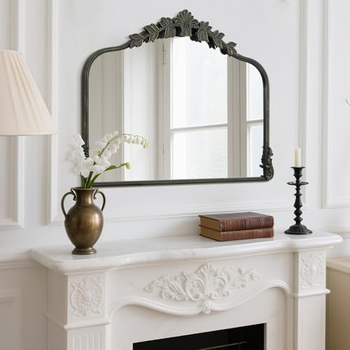 Image of WallBeyond Black Antique Mirror for Vanity 32x24 Inch, Black Vintage Mirror with Ornate Frame, Arched Vintage Wall for Bathroom, Living Room, Fireplace