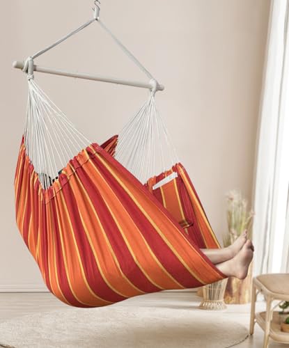 Image of XXL Hammock Chair Hanging Rope Swing with 2 Cushions - Max 500lbs-Perfect for Patio, Porch, Bedroom, Backyard, Indoor or Outdoor - Includes Hanging Hardware Kits