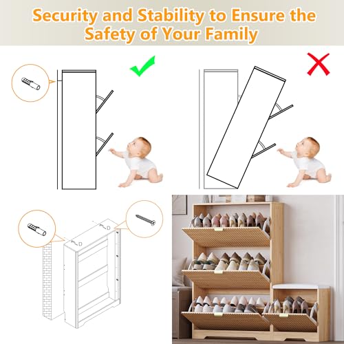 Image of BORNOON Slim Shoe Cabinet with Bench for Entryway, Hidden Storage and Adjustable Shelves, Free Standing Wooden Shoes Organizer for Hallway, Foyer