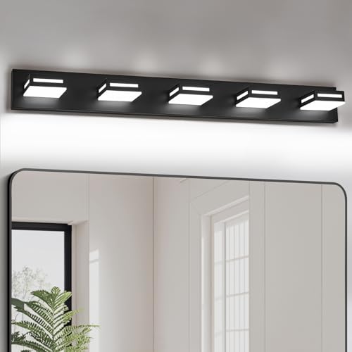 Image of LED Modern Bathroom Light Fixtures, 5-Light 40-Inch Matte Black Vanity Lights for Bathroom Lighting Fixtures Over Mirror, 6000K Cool White 350 Rotatable Wall Lamp