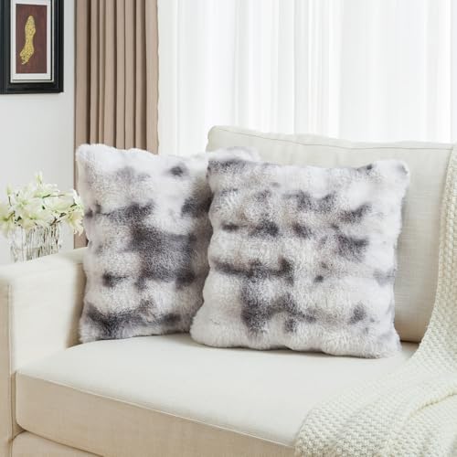 FUTEI Grey White Decorative Throw Pillow Covers 18x18 Inch Set of 2,Soft Fuzzy Faux Rabbit Fur Cushion Covers with Raised Texture,Neutral Boho Home Decor for Couch Bed Living Room