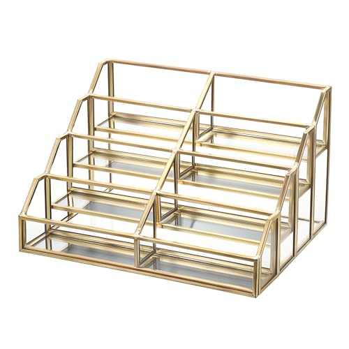 Hipiwe Mirrored Glass Business Card Holder Gold Business Card Display Stand for Desk Multiple Clear Business Card Holder Display for Office Desktop Cards Display Stand for Women Men, 8 Slots