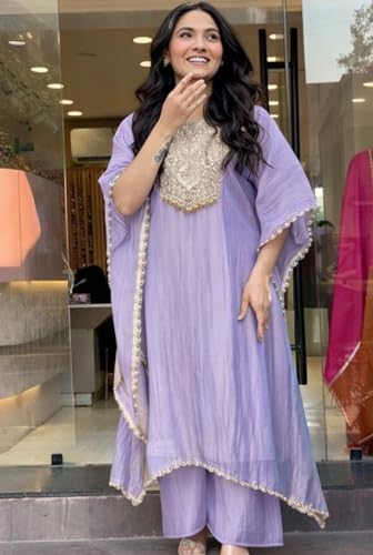 Image of GoSriKi Fendy Glass Embroidered A-Line Kurta with Palazzo for Women | Fendy Glass Grey | Kaftan Sleeve | Round Neck | Ethnic Wear Casual Wear