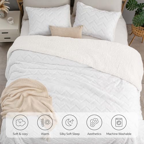 Image of BEDELITE Fluffy Sherpa King Comforter Set,White | Super Soft & Warm Fleece Bedding, Luxury Fuzzy Comforter for Winter, Heavy Plush Bedding Set,2 Pillowcases