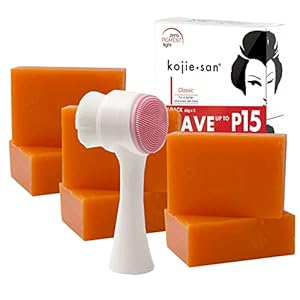 Kojie San Skin Brightening Brush Set – Original Kojic Acid Soap that Reduces Dark Spots, Hyperpigmentation, & Other Types of Skin Damage – 65g x 6 Bars and Relumins Deep Pore Facial Cleansing Brush